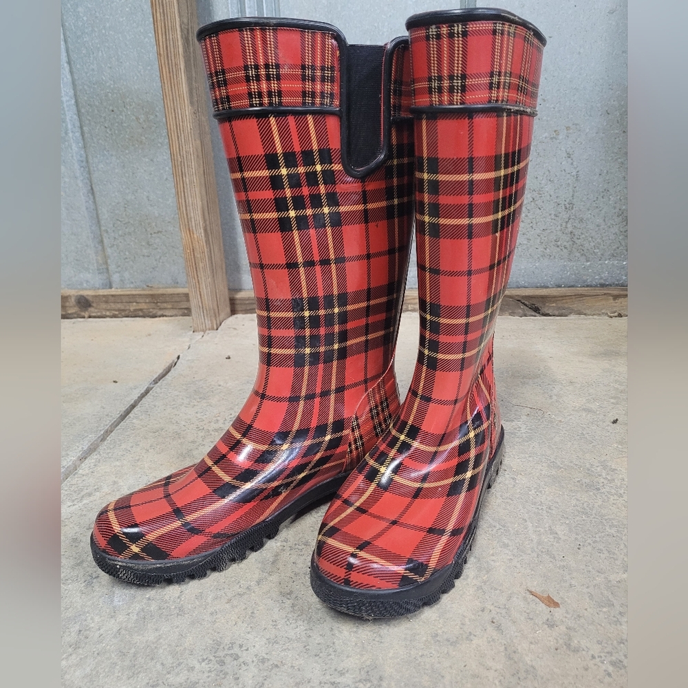 Red Plaid Rain Boots Size 9